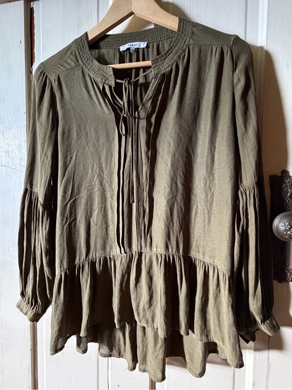 Olive Green Boho Peasant Blouse Flowy Tiered Top Cottagecore Earthy Puff Sleeve